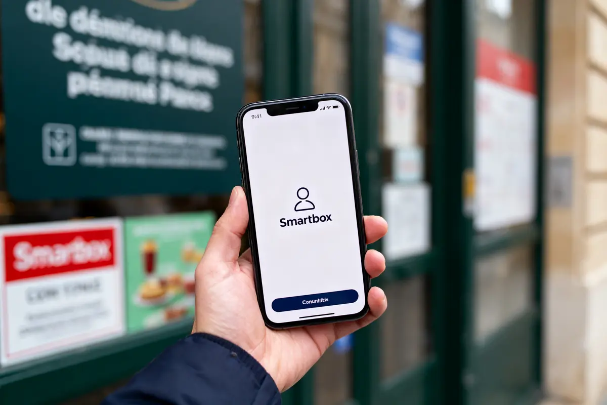 Personne tenant un smartphone avec l'application Smartbox ouverte, devant un magasin avec affiches visibles.