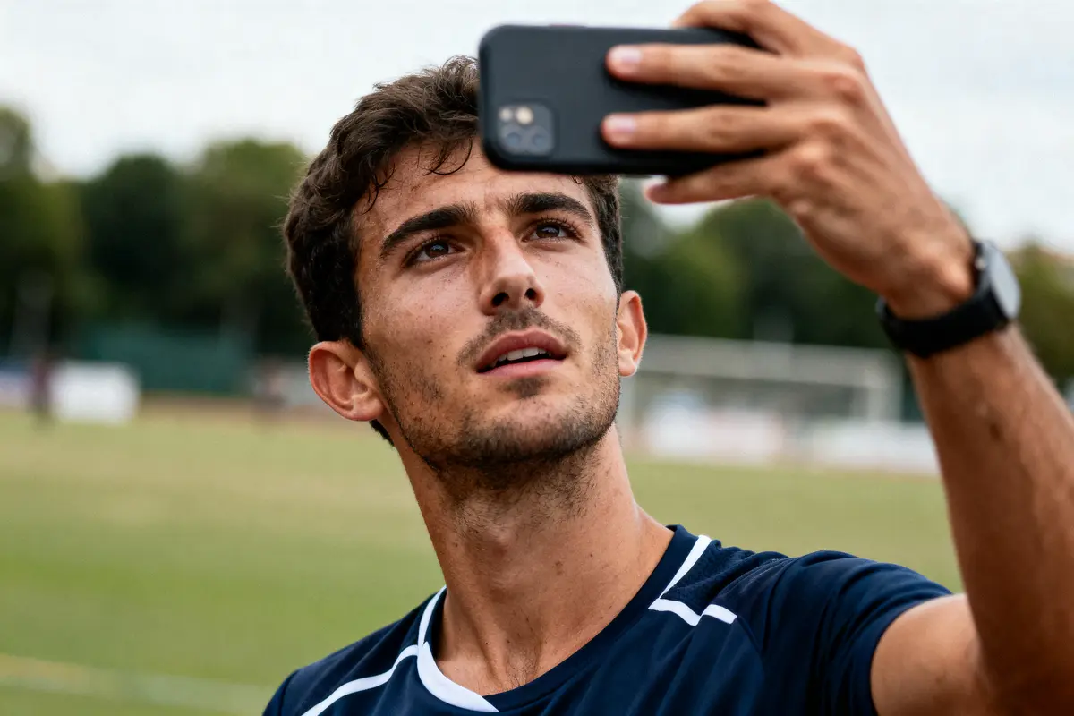 Un homme prend un selfie à l'extérieur dans un environnement verdoyant.