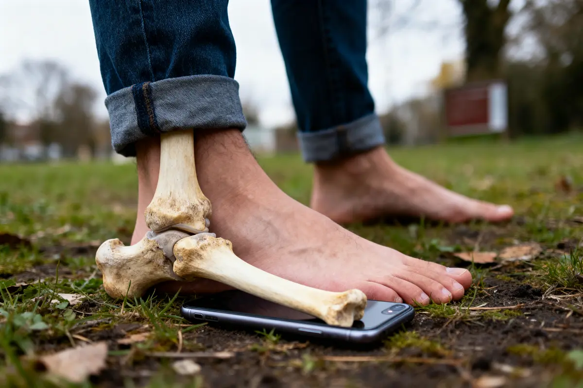 Pieds nus en plein air, chevillés avec un os en plastique, posés sur un smartphone.
