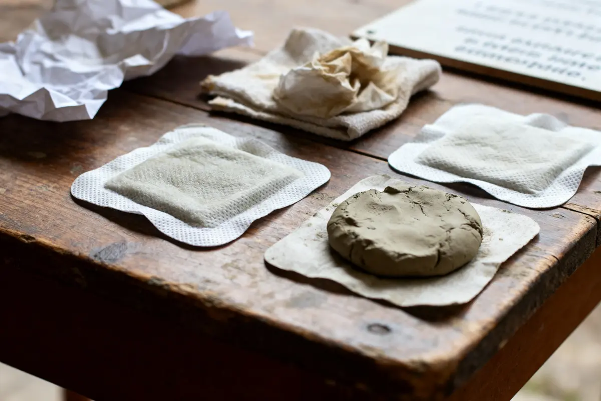 Argile sur un patch de gaze sur table en bois, avec papiers chiffonnés et tissus.