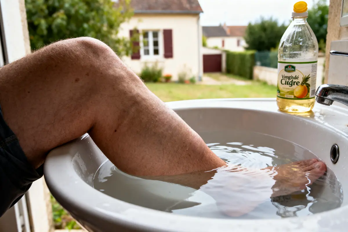 Jambe trempant dans une bassine d'eau avec du vinaigre de cidre, vue sur jardin et maison.