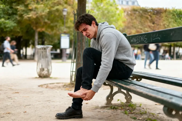 Homme souffrant, assis sur un banc de parc, tenant son pied, portant un pull gris.