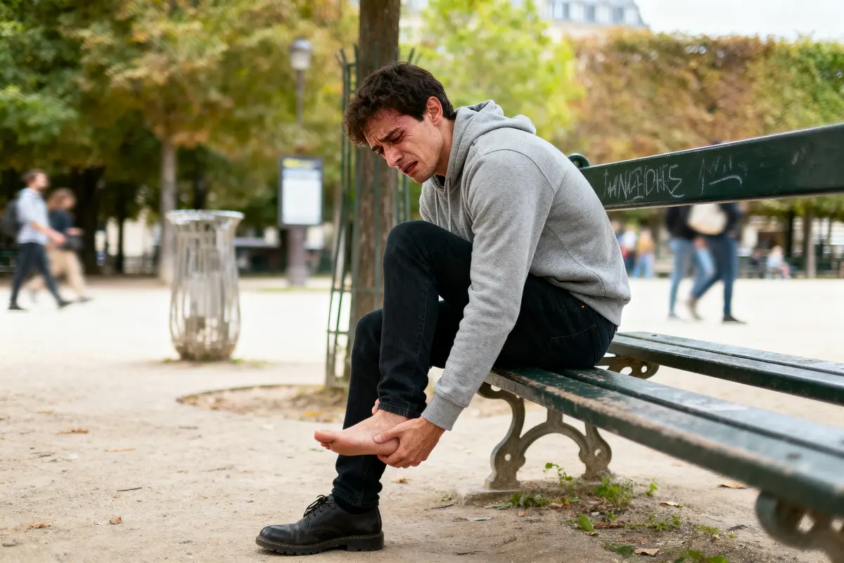 Homme souffrant, assis sur un banc de parc, tenant son pied, portant un pull gris.
