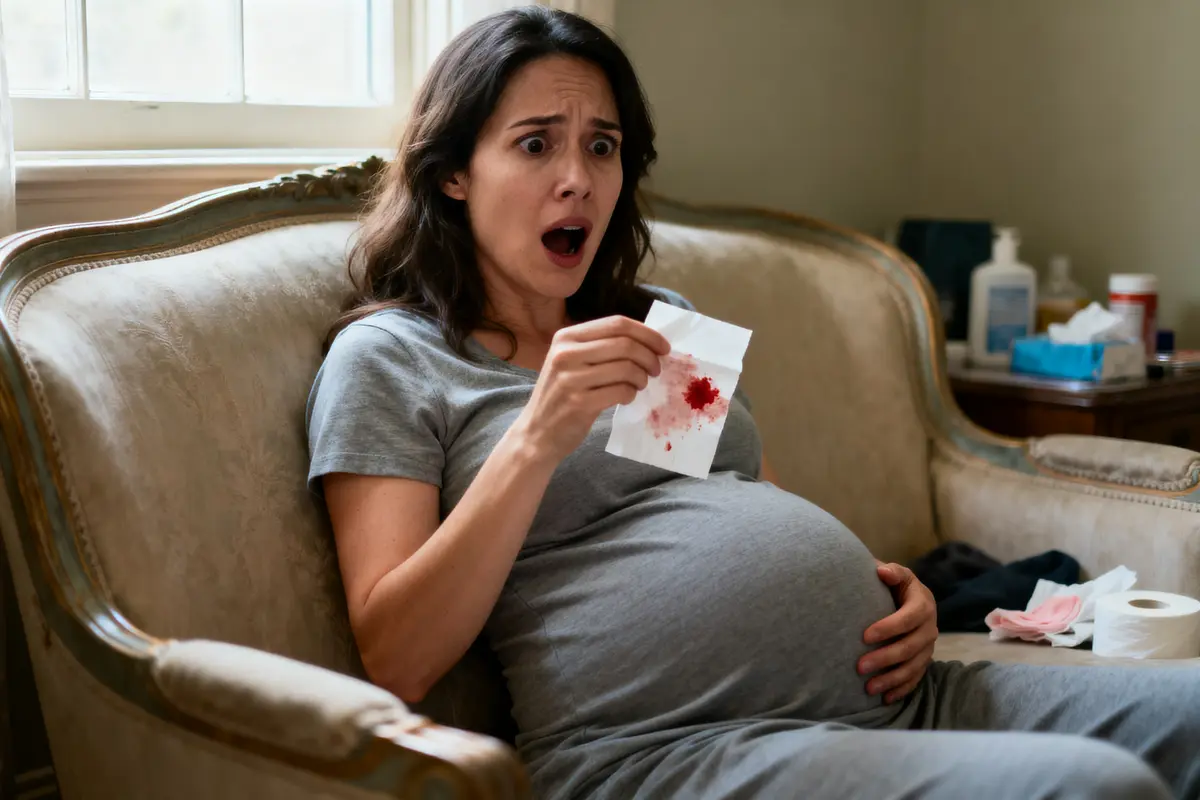 Femme enceinte bouleversée tenant un mouchoir taché de sang, assise sur un canapé.