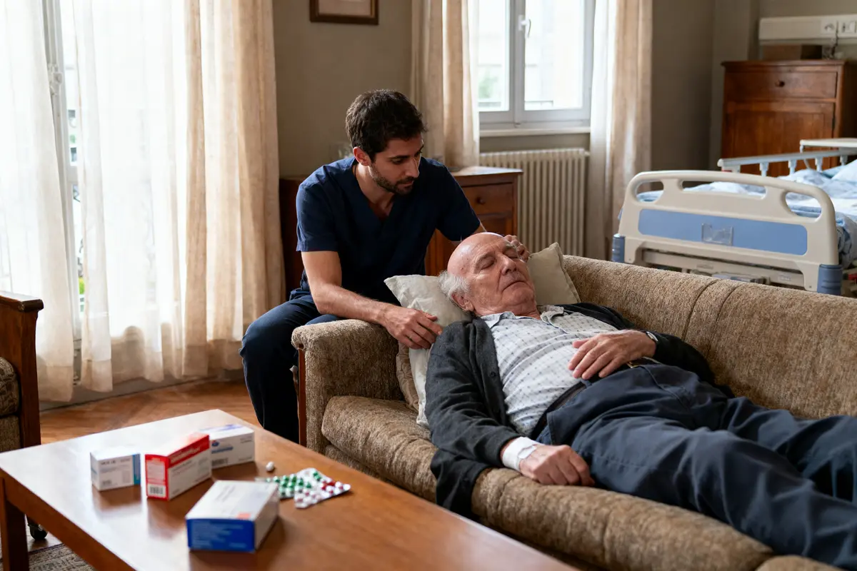 Un homme âgé se repose sur un canapé, assisté par un soignant, avec médicaments sur table.