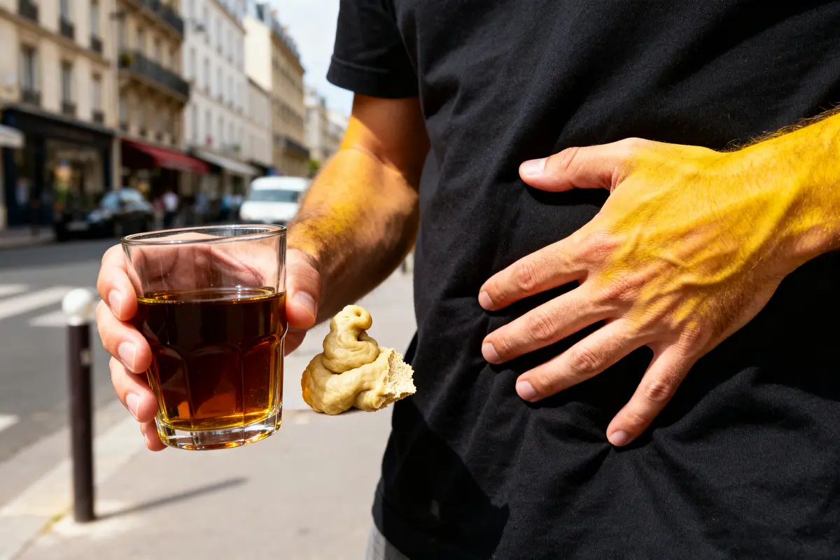 Homme jaune avec verre et symptôme montrant 7 signes que votre foie est malade