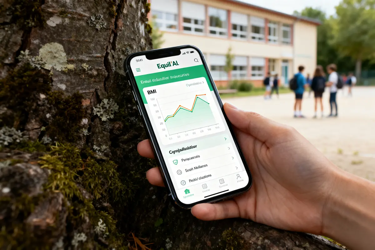 Smartphone montrant l'application Equil'Al pour le suivi du BMI, devant une école extérieure