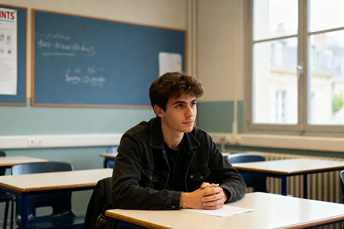 Un étudiant assis en salle de classe avec un tableau mentionnant INTS