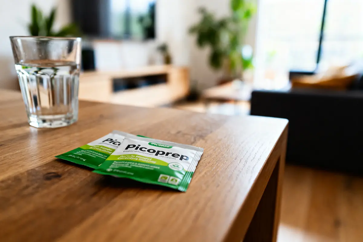 Sachets Picoprep sur table en bois avec verre d'eau Picoprep effet au bout de combien de temps
