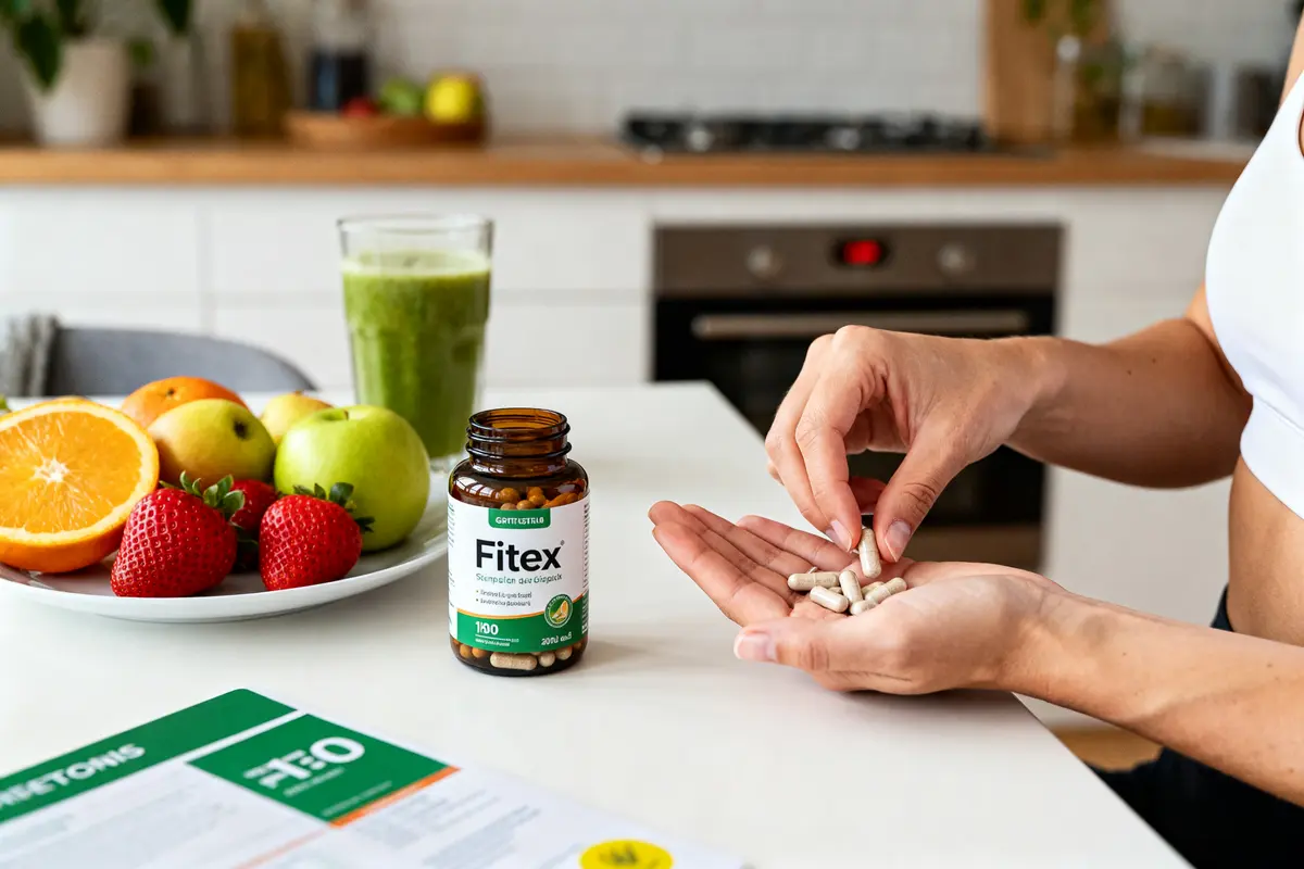 Femme prenant Fitex, compléments alimentaires, avec fruits et smoothie, découvrez avis sur Fitex.