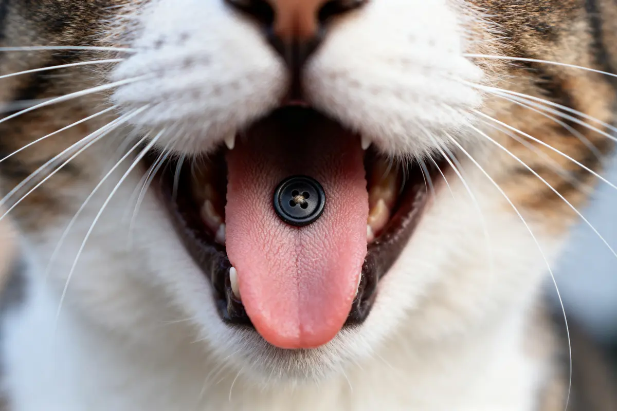Chat montrant sa langue avec un bouton ressemblant à des boutons au fond de la langue