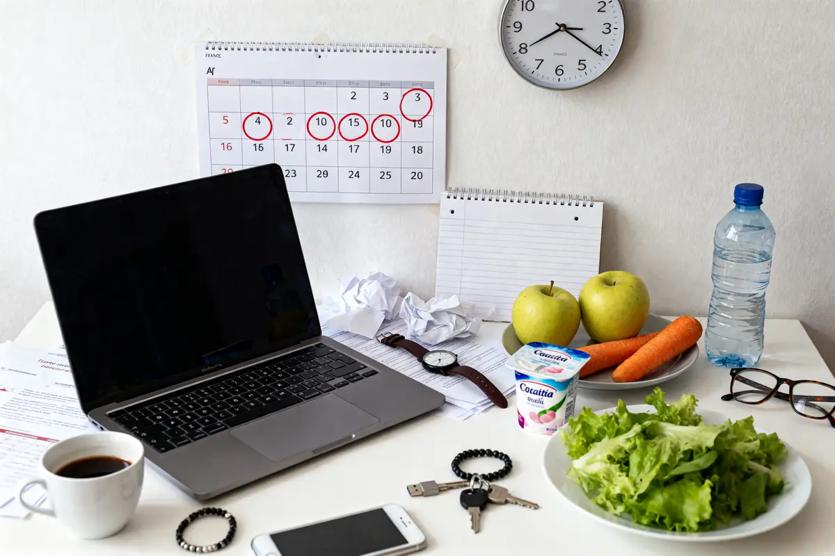 Bureau avec ordinateur, aliments sains et agenda suggérant des causes de la proctalgie fugace possibles