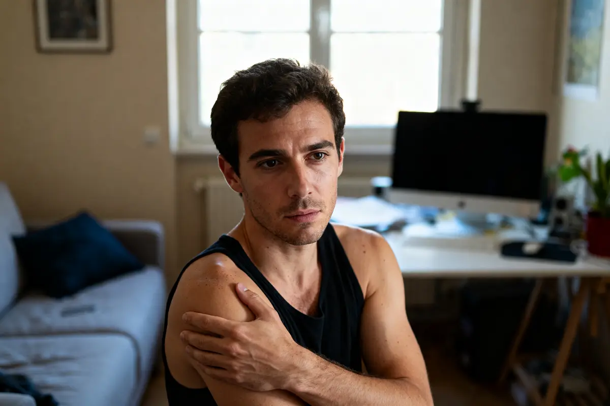 Homme se tenant l'épaule exprime une douleur à l'omoplate gauche dans un bureau