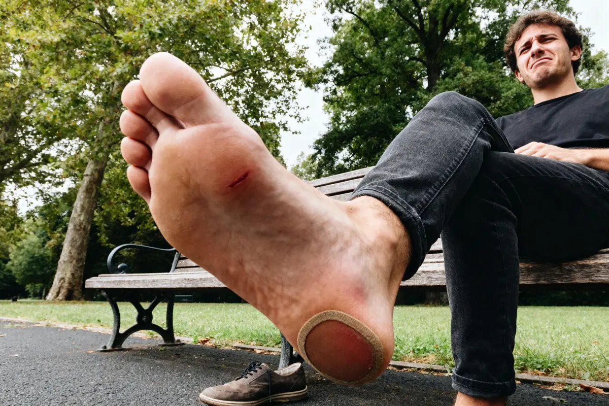 Homme assis sur banc montrant une douleur sous le pied sur le côté extérieur