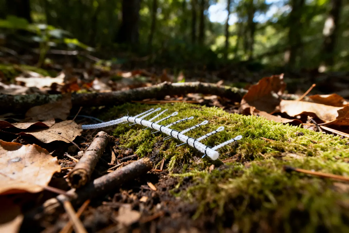 Un fil résorbable qui ne se résorbe pas dans une forêt verdoyante sur la mousse