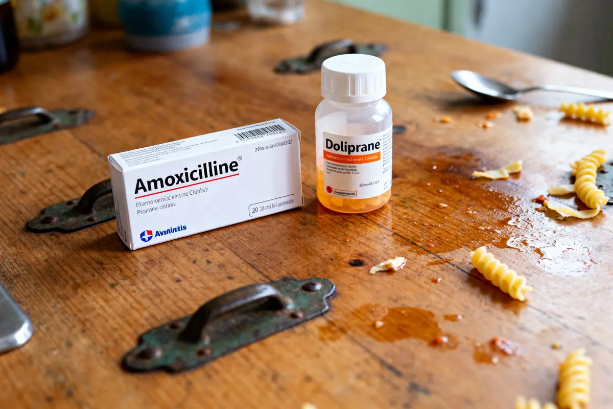 Boîte d'Amoxicilline et flacon Doliprane sur table en bois, peut-on prendre ensemble