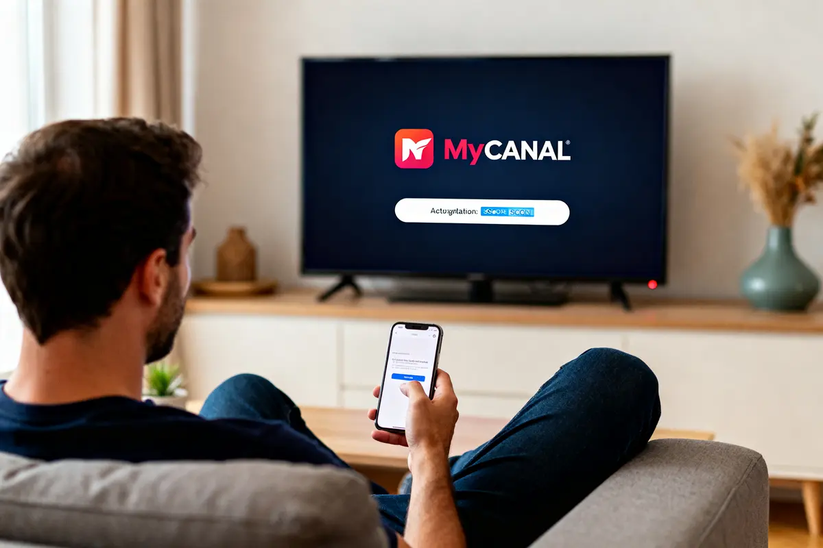 Homme utilisant Android TV Canalplus com pour activer MyCANAL via smartphone assis sur canapé
