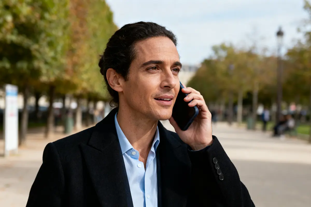 Homme élégant parle au téléphone dans un parc, affilié à Celyatis