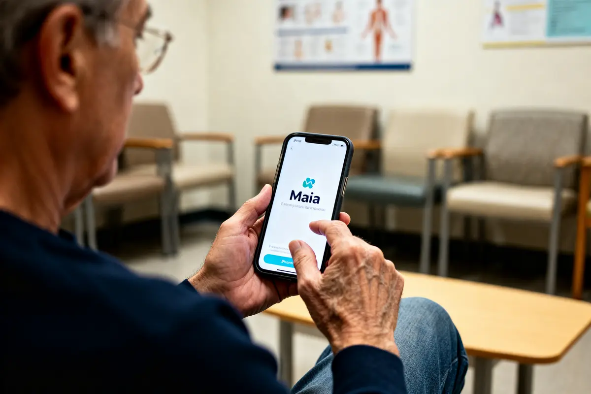 Homme utilisant l'appli Maiia sur smartphone en salle d'attente médicale
