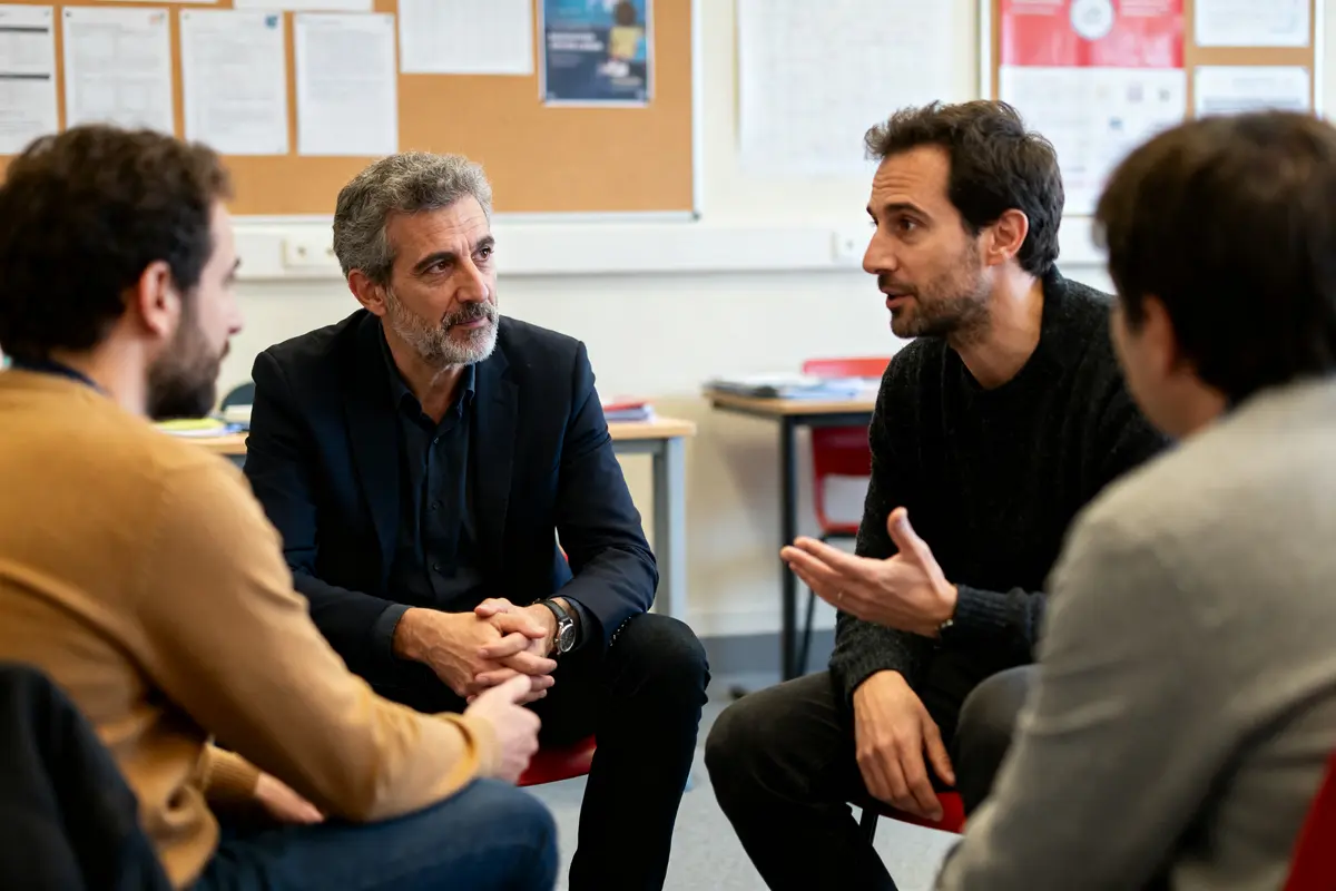 Quatre hommes discutent ensemble dans une salle sur avis sur Optimizette.