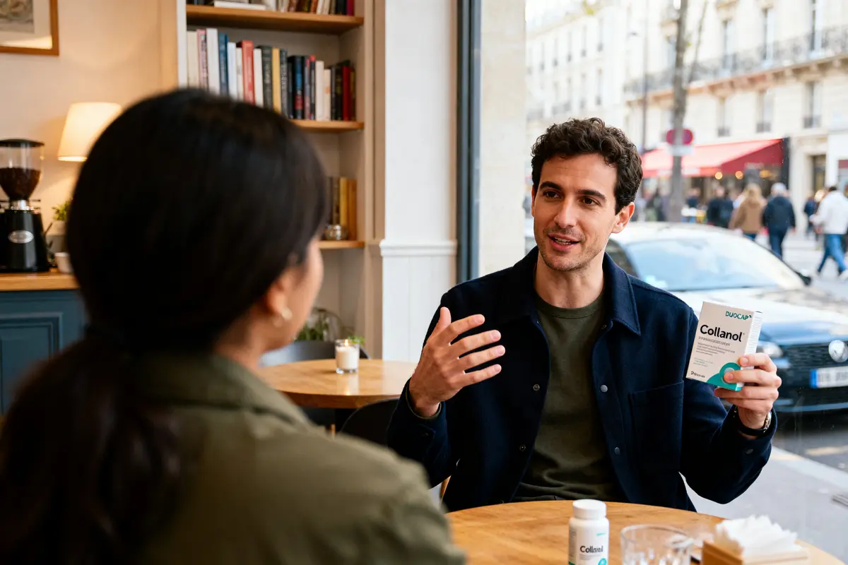 Homme partageant avis sur le Collanol avec une femme dans un café parisien