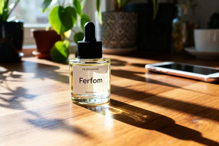 Flacon Ferfom sur table ensoleillée pour avis sur le parfum aux phéromones