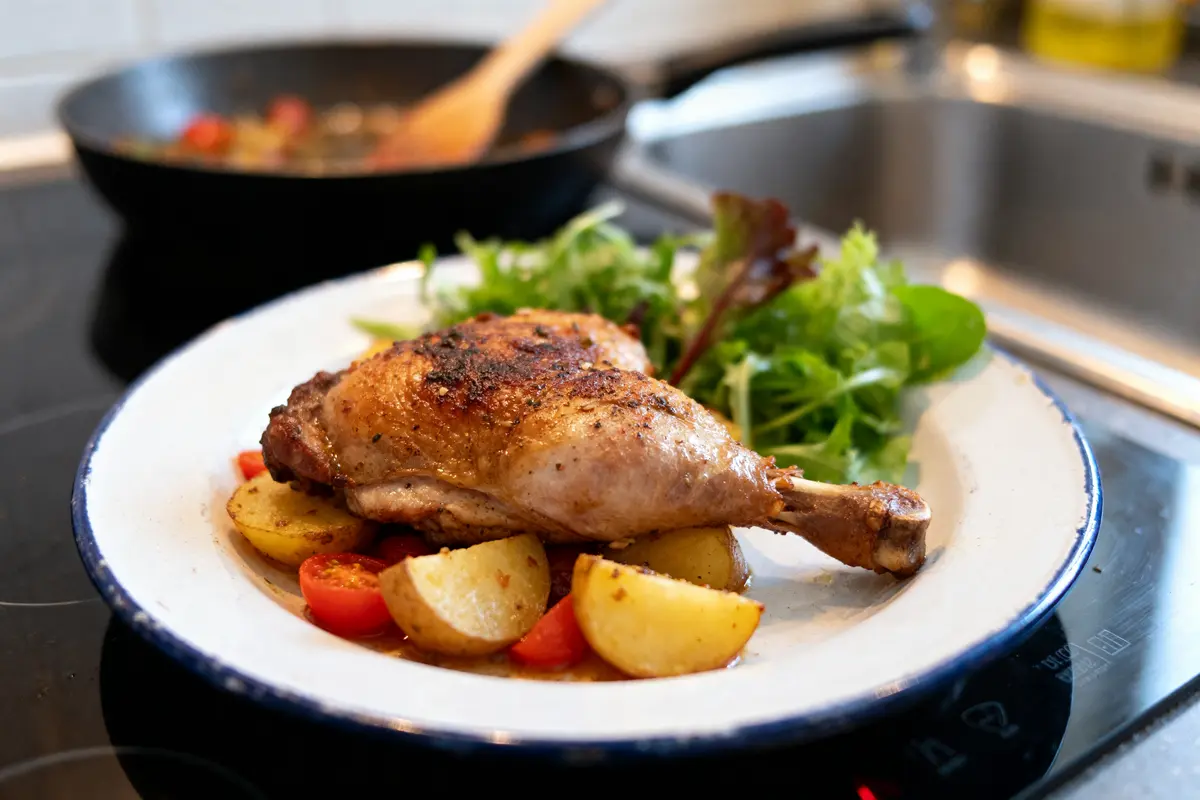 Plat de cuisse de poulet avec légumes et salade sur le blog recettes de Maria