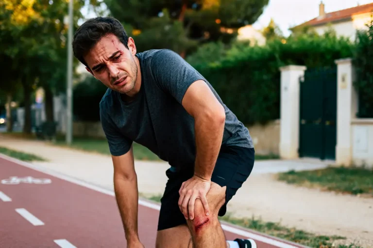 Jeune homme blessé souffrant d'un claquage aux ischio sur une piste de course