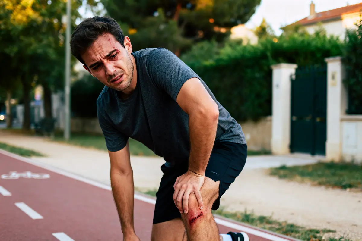 Jeune homme blessé souffrant d'un claquage aux ischio sur une piste de course