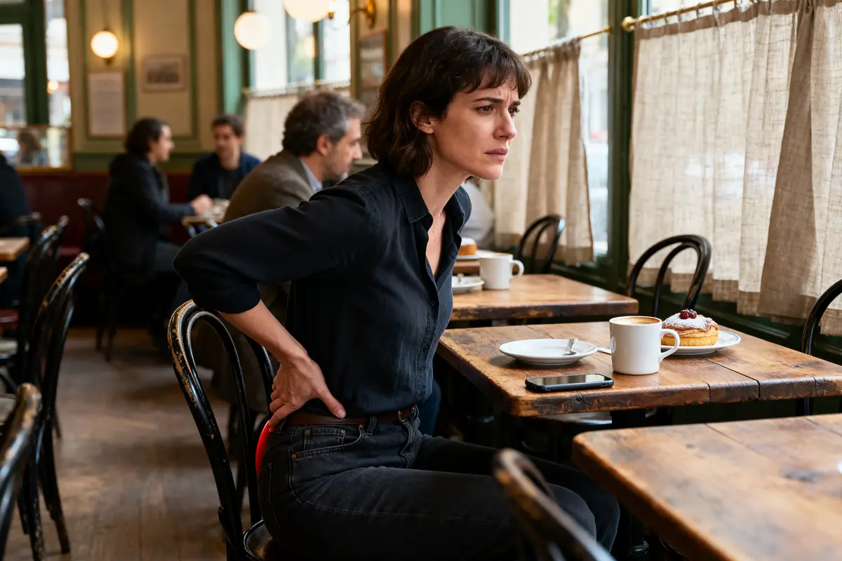 Femme assise dans un café touchant son dos se demandant combien de temps dure une douleur au coccyx