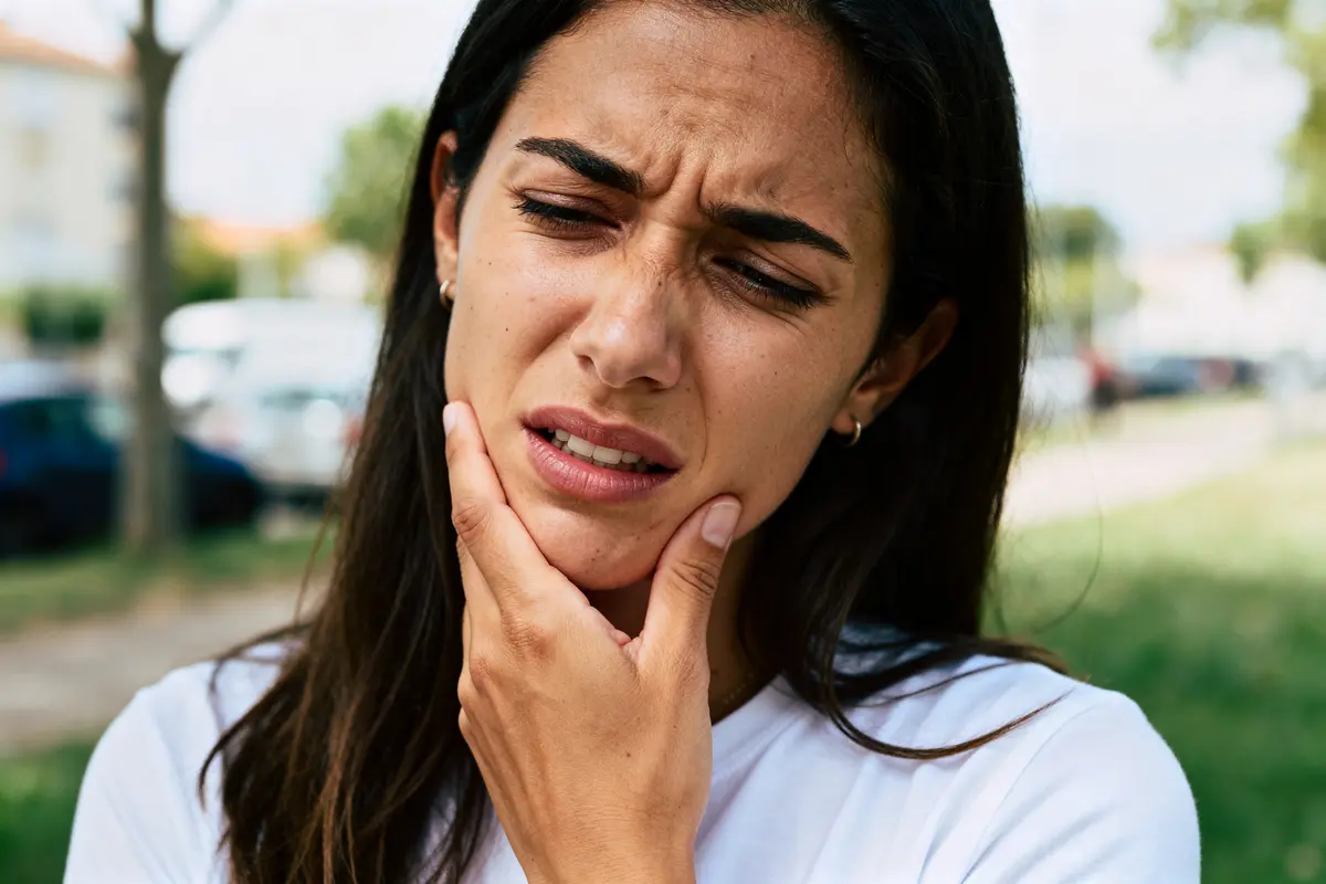Femme exprimant une douleur à la mâchoire en plein air avec expression de gêne visible