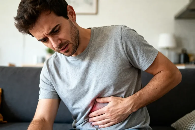 Homme souffrant de douleur à l'aine, tenant son côté avec expression de souffrance