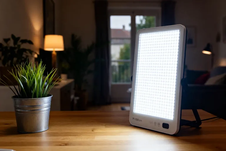 Lampe de luminothérapie éclairant une table en bois avec plante en pot dans un salon chaleureux