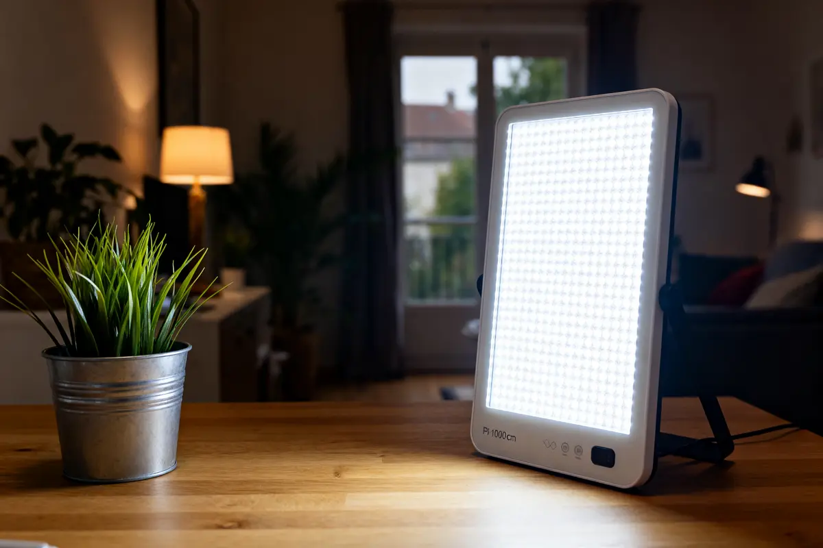 Lampe de luminothérapie éclairant une table en bois avec plante en pot dans un salon chaleureux