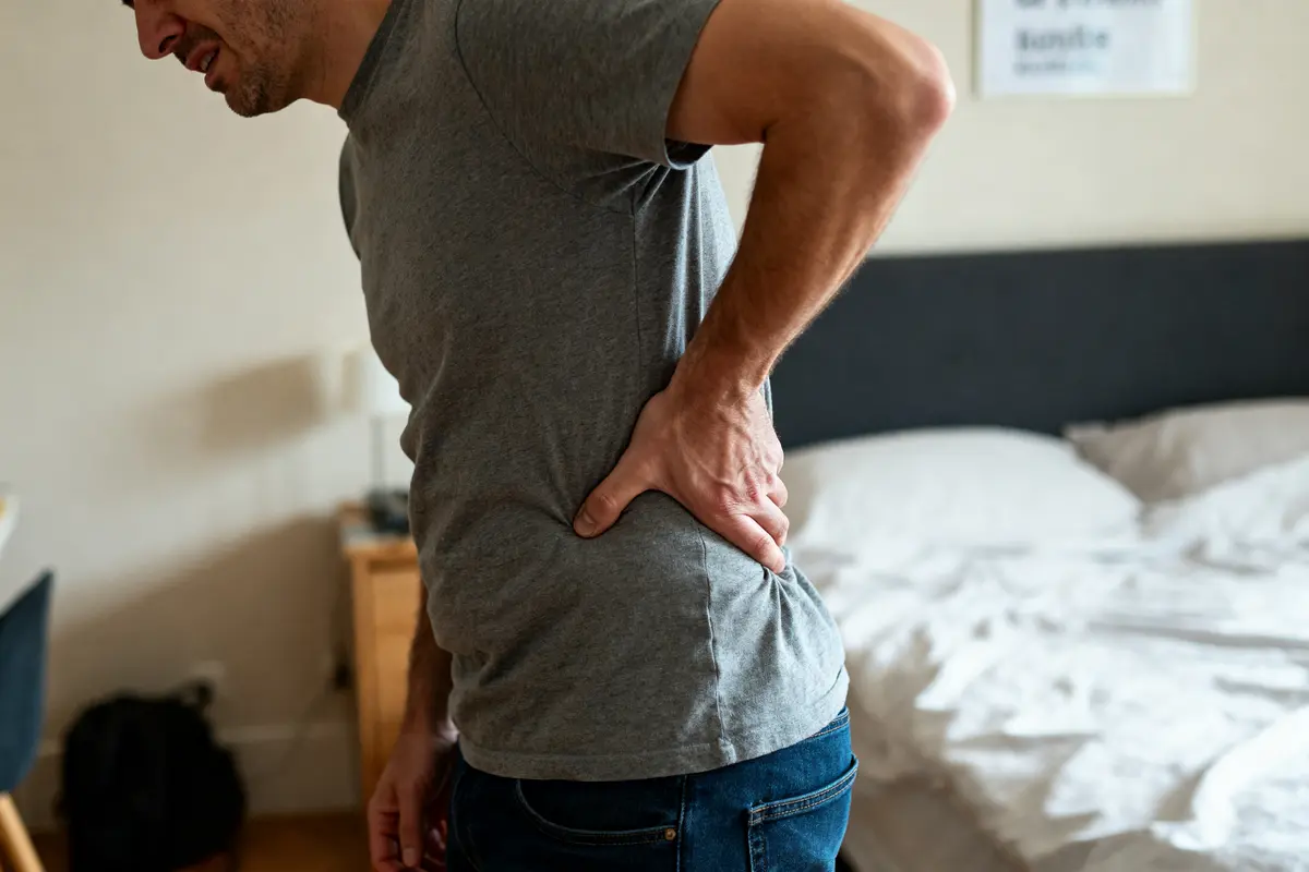 Homme souffrant de mal en bas du dos dans une chambre à coucher