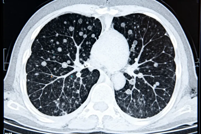 Scanner thoracique montrant la radio des poumons d'un fumeur avec lésions pulmonaires visibles