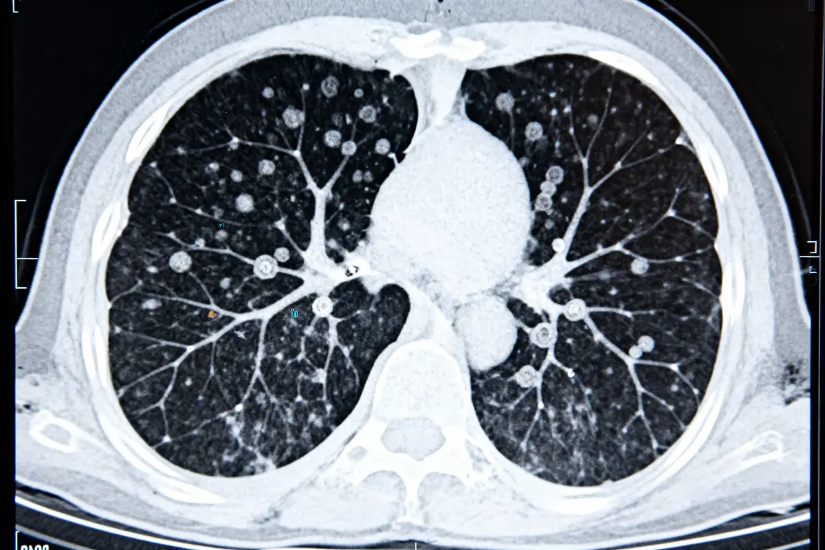 Scanner thoracique montrant la radio des poumons d'un fumeur avec lésions pulmonaires visibles