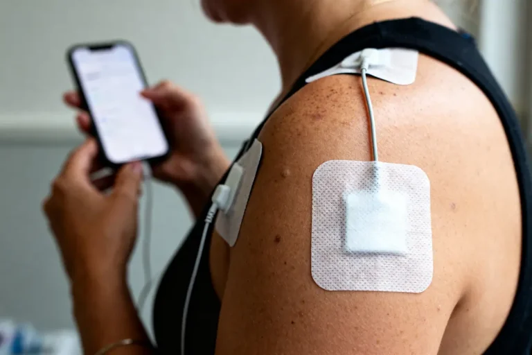 Personne utilisant un appareil TENS sur l'épaule tout en regardant un téléphone portable