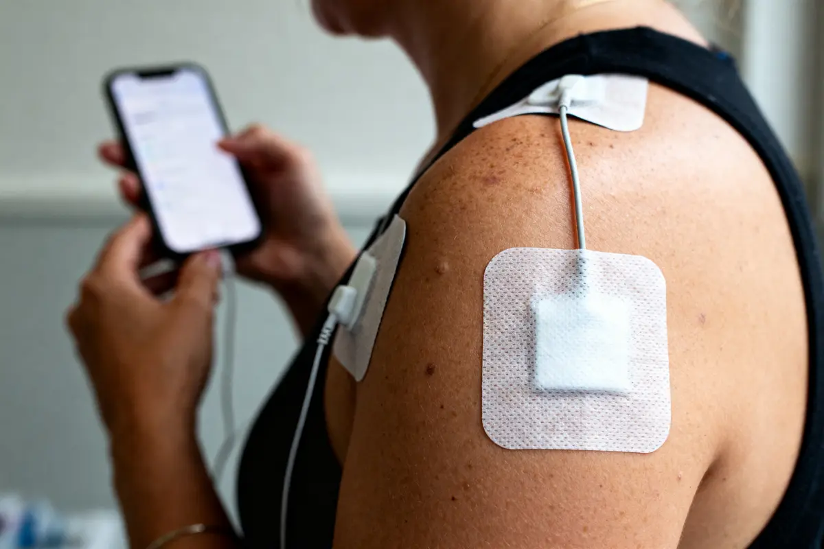 Personne utilisant un appareil TENS sur l'épaule tout en regardant un téléphone portable