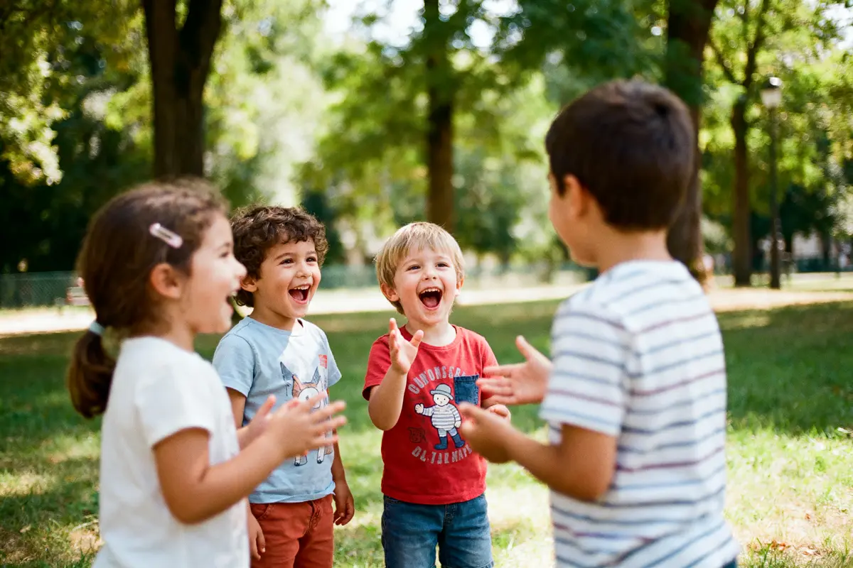 Quatre enfants rient et jouent ensemble dans un parc verdoyant, éclairé par la lumière du soleil.