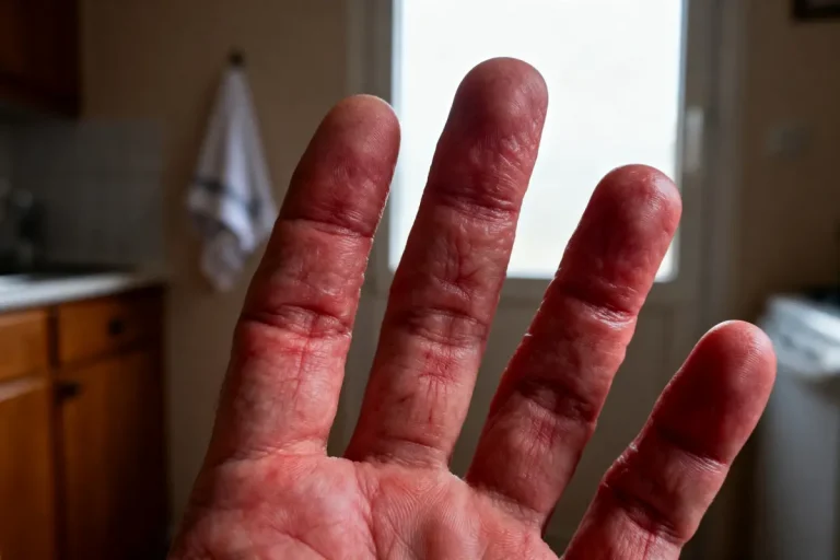 Main d'une personne avec une peau sèche et irritée, fond de cuisine flou et lumineux.