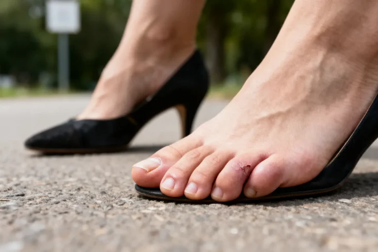 Gros plan sur un pied blessé avec chaussure à talon sur sol extérieur.