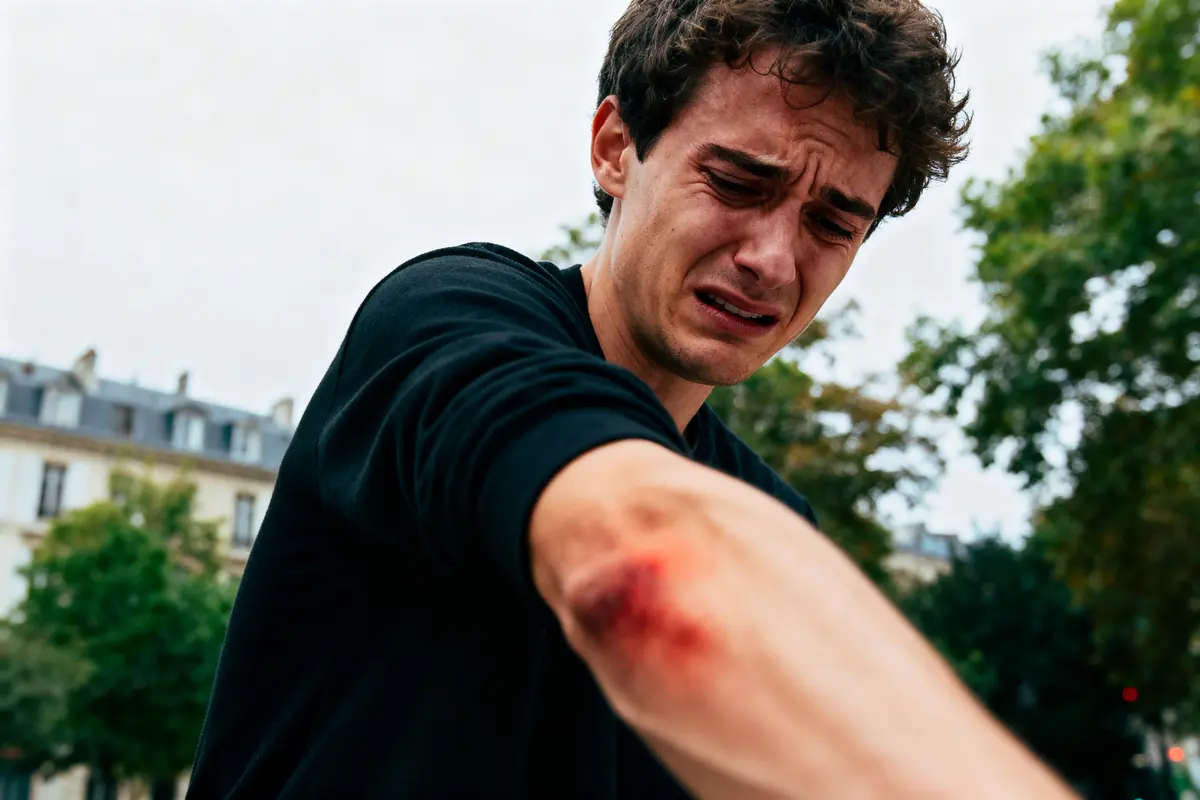 Un homme blessé au coude, pleurant, à l'extérieur, dans un environnement urbain.