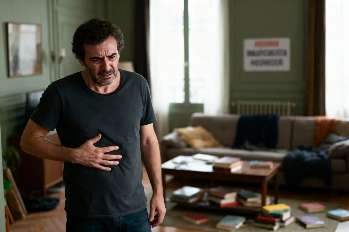 Homme souffrant, main sur le ventre, debout dans un salon avec canapé et livres.