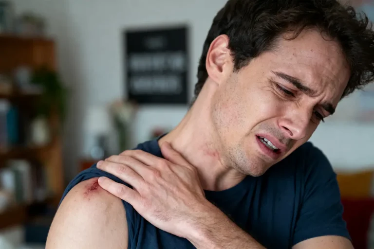 Homme blessé à l'épaule, expression de douleur, main tenant l'épaule, intérieur flou en arrière-plan.
