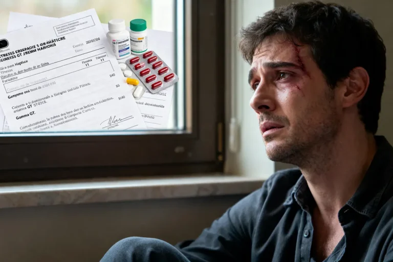 Jeune homme blessé regardant par la fenêtre, prescriptions médicales et médicaments en arrière-plan.