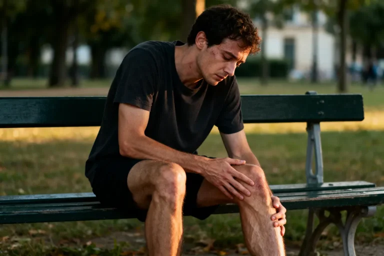 Un homme assis sur un banc dans un parc, tenant son genou avec une expression de douleur.