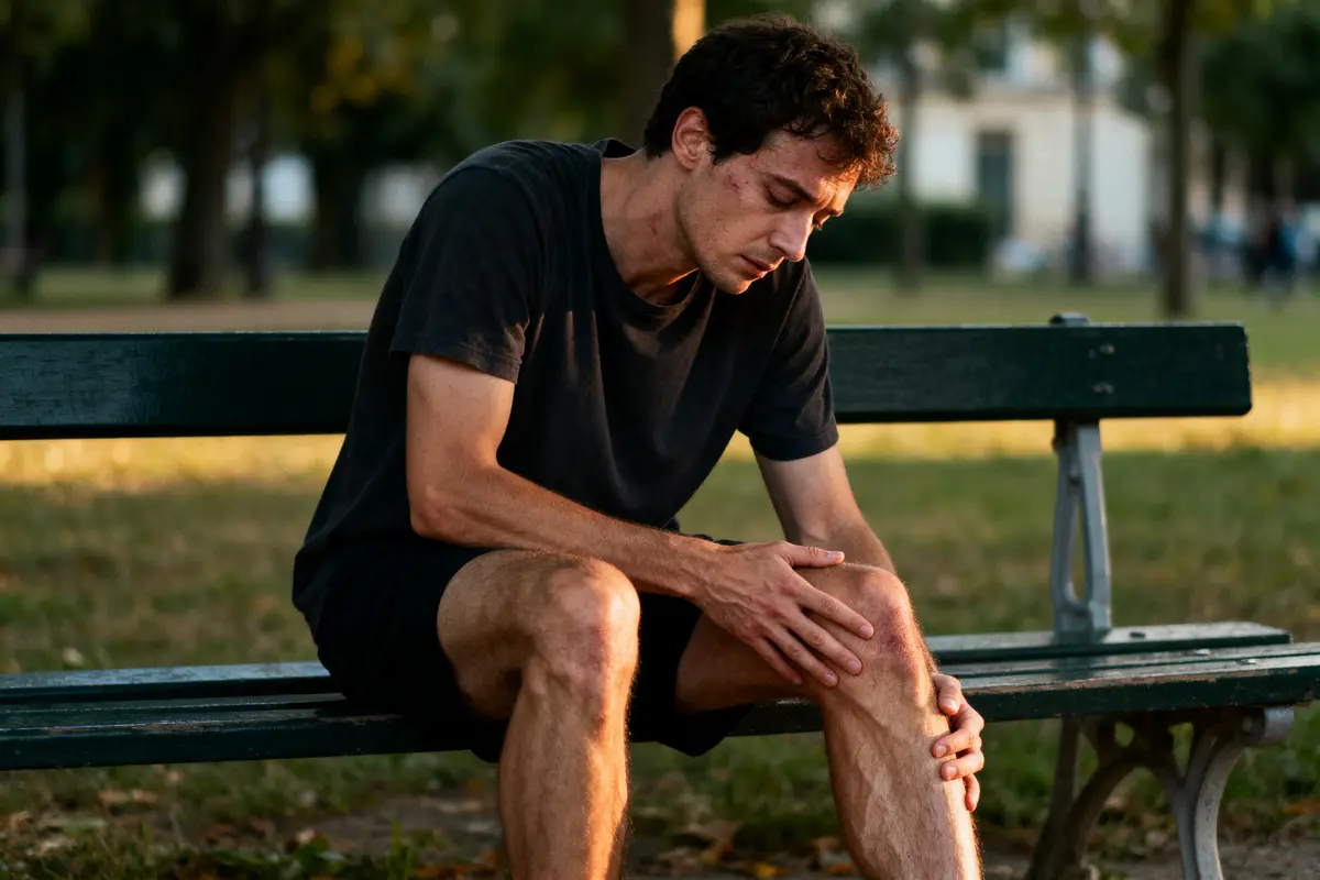 Un homme assis sur un banc dans un parc, tenant son genou avec une expression de douleur.