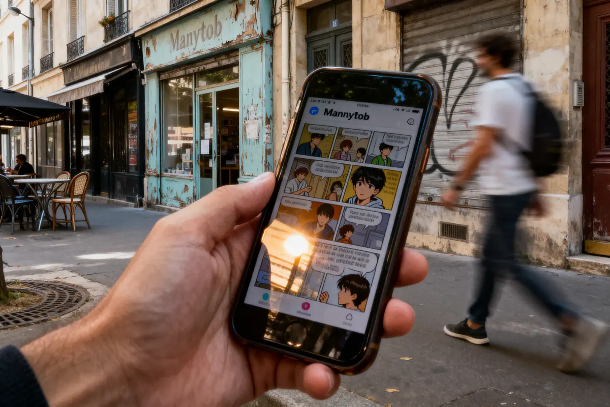 Smartphone affichant des bandes dessinées, tenu en main, devant une librairie en ville, passants flous derrière.