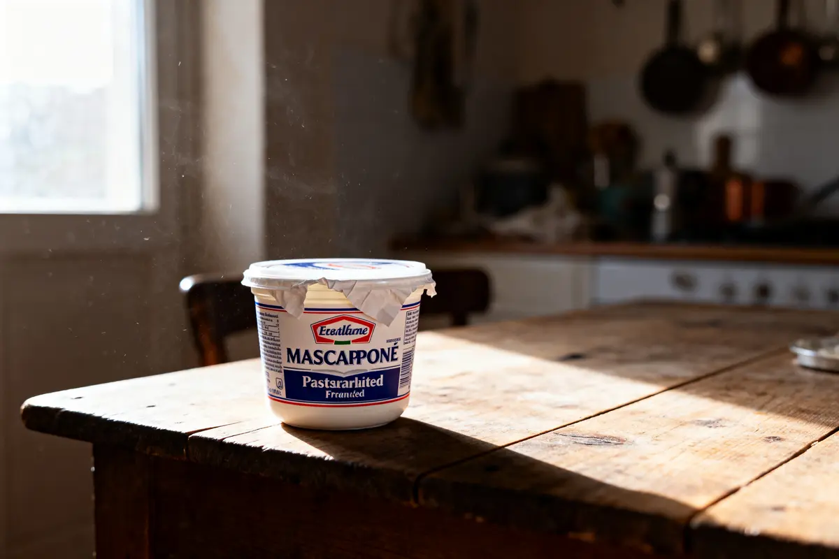 Pot de mascarpone Eastlame sur une table en bois, éclairage naturel en arrière-plan de cuisine.